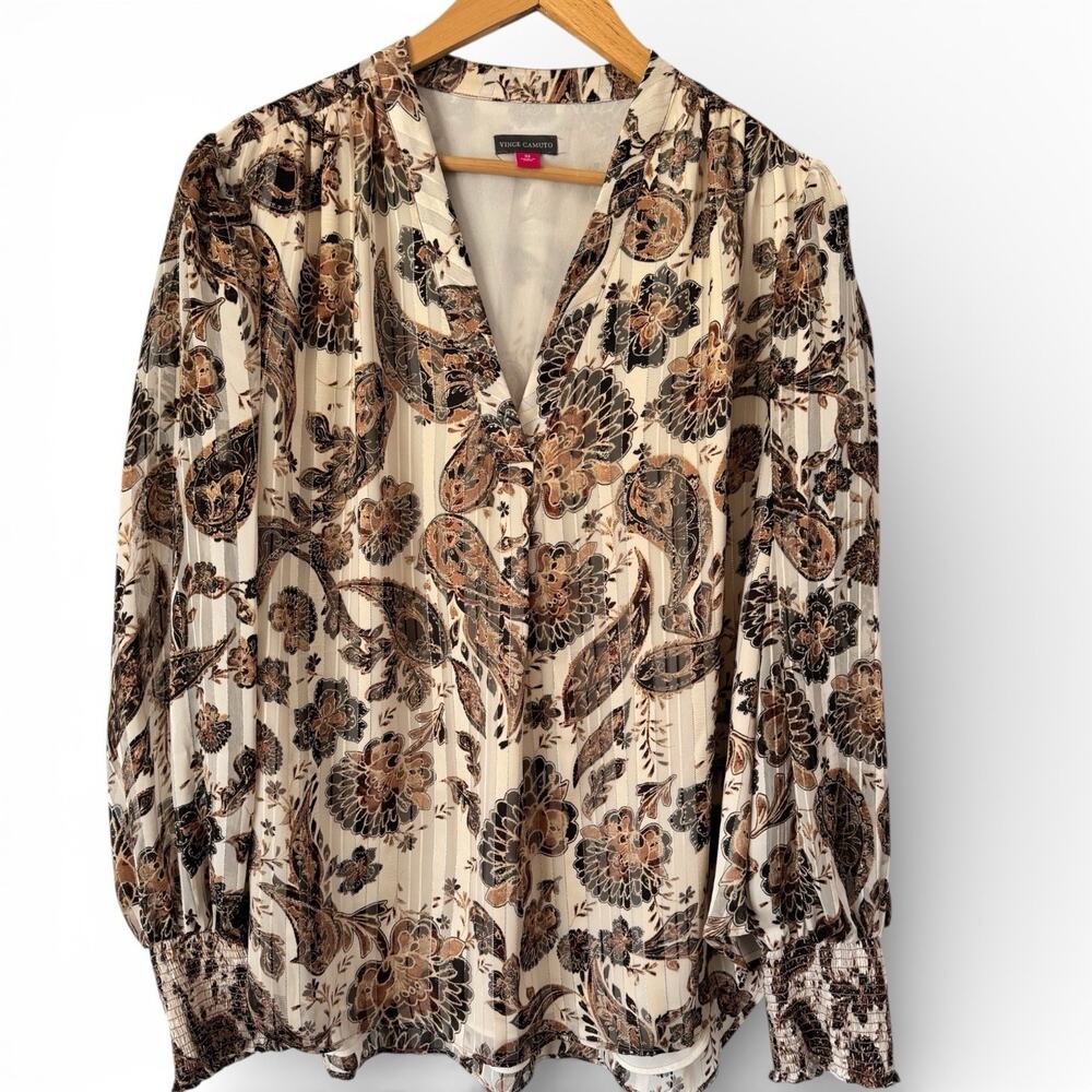 NWT Vince Camuto Brown Floral Long Sleeve Popover V Neck Blouse Size 3X